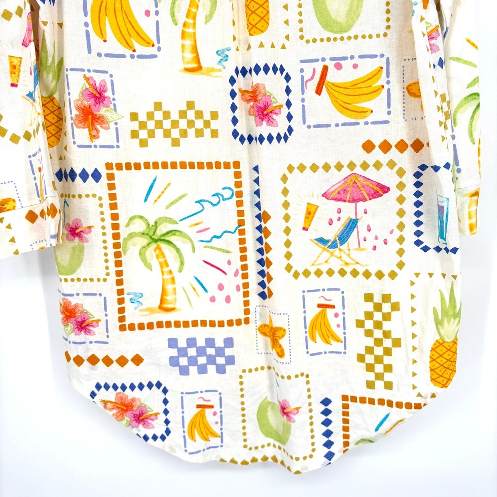 Calypso St Barth Button Down‎ Shirt Linen Blend Postcard Print Long Slv Tunic S - Picture 10 of 13